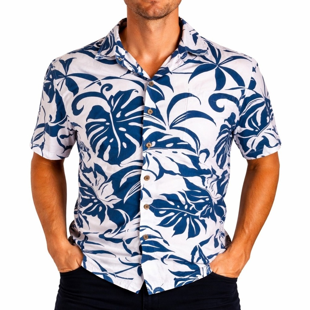 Kalaheo Hawaiian Aloha Shirt Small Tropical Leaves‎ Floral White Blue